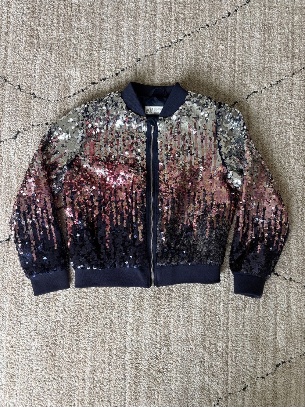 H&M Sequin Bomber Jacket with Silver, Pink, Navy Sequins sz 6-7 years